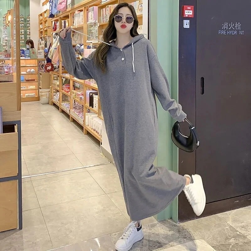 【急速出荷!】シフォンブラウス トップス 韓国ファッション スウェット 長袖ブラウス 体型カバーチュニック 春 フード付き ドレス ゆったり パーカー カジュアル ミドル丈スカート へビロテ!スウェッパーカー