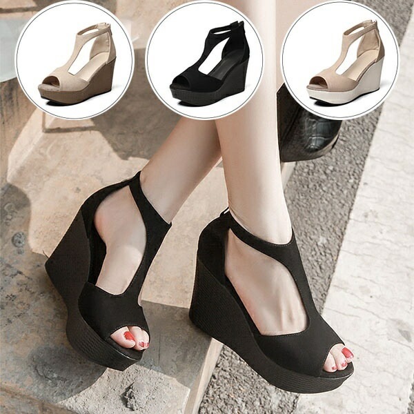 ウェッジサンダル スエード ストラップ ヒール8.5cm レディース 夏靴 厚底サンダル レースアップサンダル 厚底サンダル ブラック 黒 ベージュ 21.0/21.5/22.025.0 di056