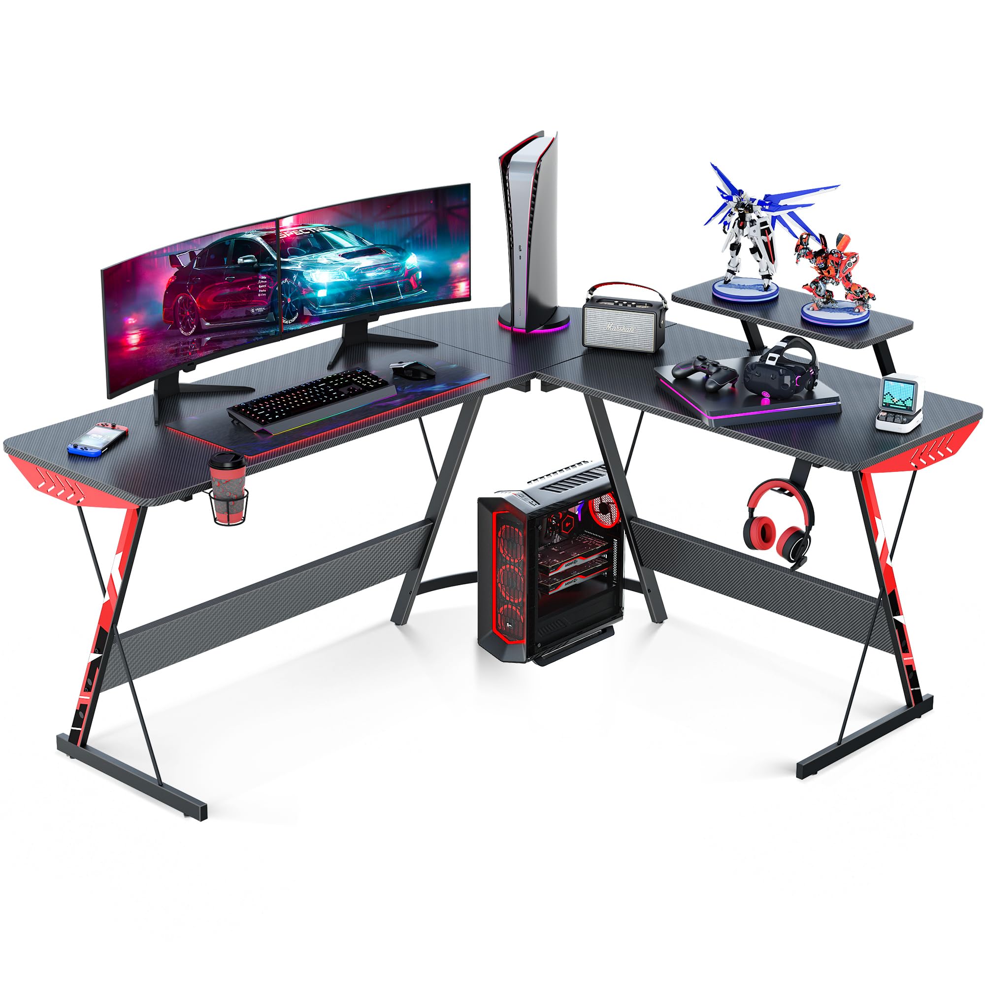 KKL ゲーミングデスク パソコンデスク L字デスク 幅147cm×奥行120cm デスク L字型 pcデスク エル字デスク 机 オフィスデスク 在宅ワーク l字 カーボン調天板 ブラック