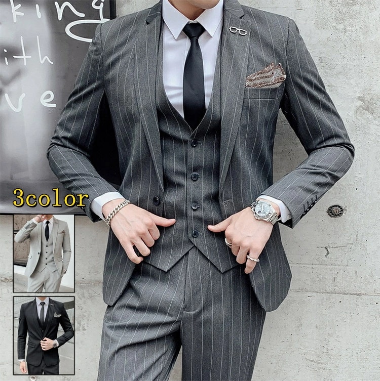 全3色スリーピーススーツ 3ピース 通勤 フォーマル スリムスーツ メンズスーツ 3点セット カジュアルスーツ パーティー セットアップ 細身 スタイリッシュ おしゃれ オシャレ 結婚式 成人式 3ピ