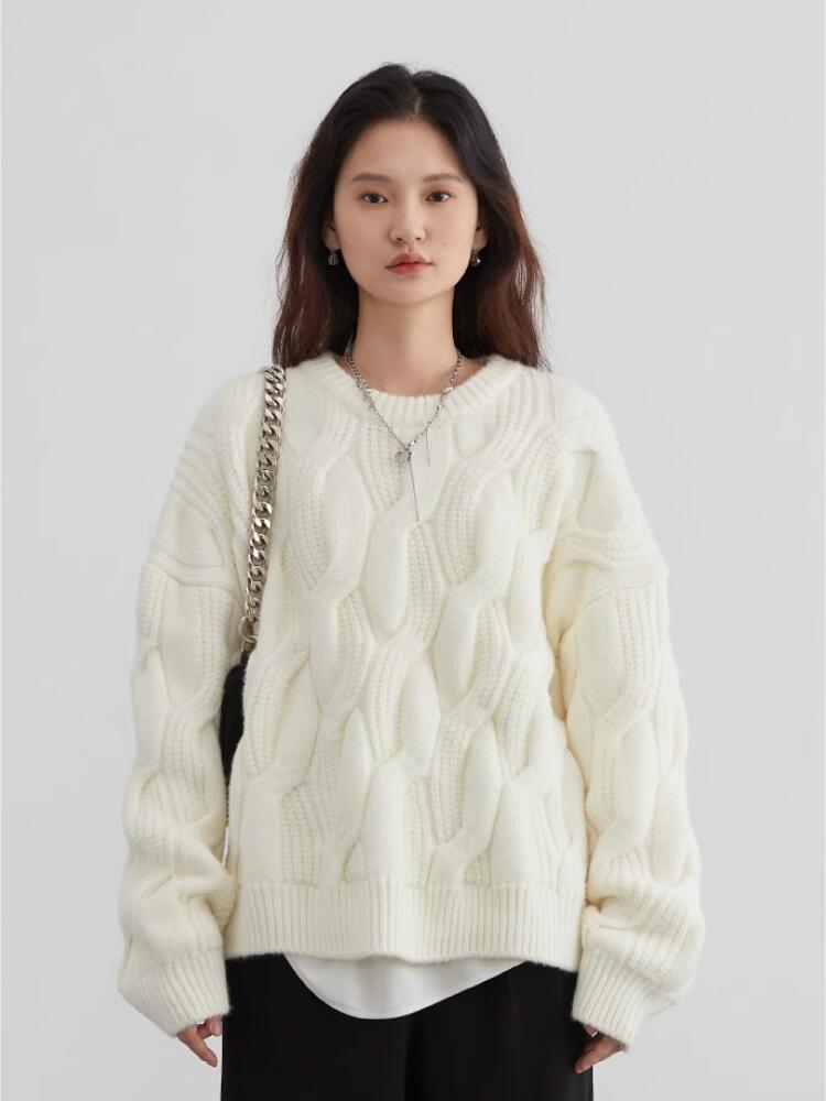 【2024新作】ケーブル編みニットセーター アイボリー ラベンダー ブラウン M L レディース 長袖 100%ウール ゆったりシルエット クルーネック 秋冬 暖かい 無地 カジュアル クラシカ