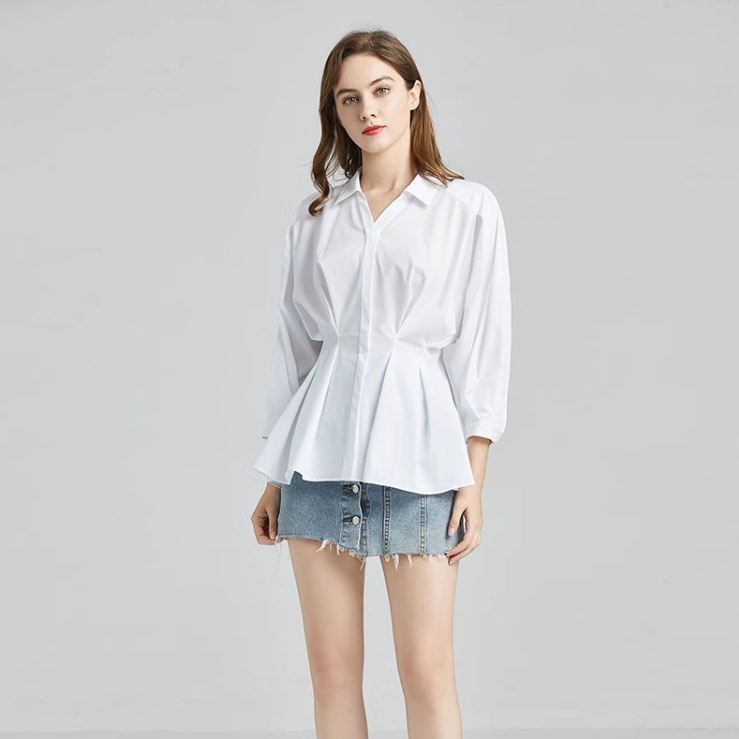 トップス シャツ ブラウス 白シャツ 白トップス 袖あり 7分袖 Vネック 襟付き レギュラーカラー Aライン ウエストマーク 前開き ペプラム かわいい 大人可愛い きれいめ 大人 上品 おしゃれ