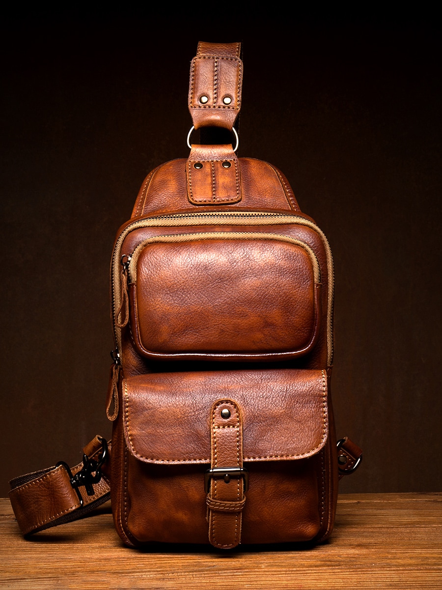 時間が復古の潮の純手磨き色真皮胸包男性包頭層牛革ショルダーバッグカジュアル斜めショルダーバッグ