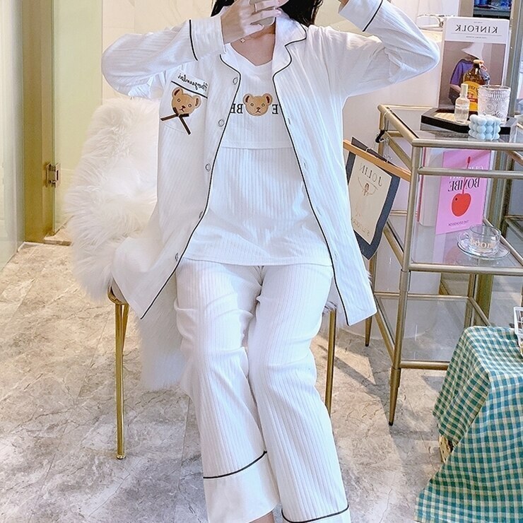 ルームウエア パジャマ ナイトウエア パジャマレディース レディース パジャマ インナー＋パンツ＋トップス セットアイテム 3点セット くま 白 Tシャツ パンツ トップス セット おしゃれ 着回し