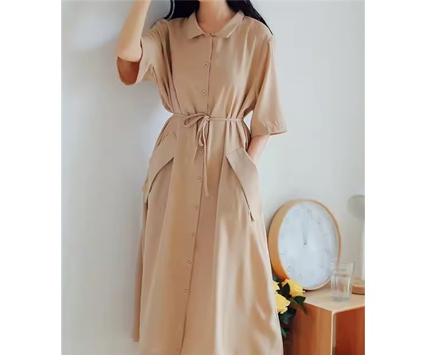 レディース ワンピース シャツワンピ ミモレ 半袖 襟付き ポロカラー Aライン フェミニン ウエストマーク ウエストリボン ポケット ハイウエスト ボタン かわいい 大人可愛い きれいめ シンプル
