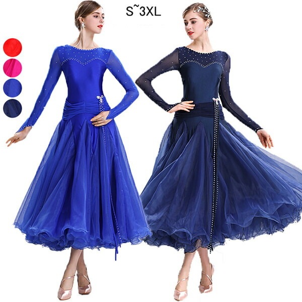 社交ダンス 衣装 豪華 ドレス 大きい裾 発表会 モダン刺繍競技着 練習着 演出 スタンダードワルツダンス デモ パーティー ダンスウエア ダンス発表会 団体 レッド ピンク ネイビー 紺色
