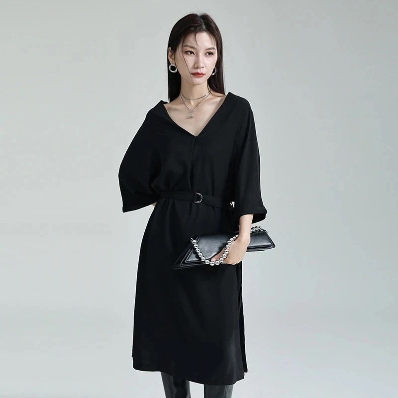 【J.Fashion】 初春ワンピース Vネック ロングチュニック ベルト付き 欧美風 レディースワンピース ブラックワンピース 日焼け止め ブラウス メガ割30%までに制限