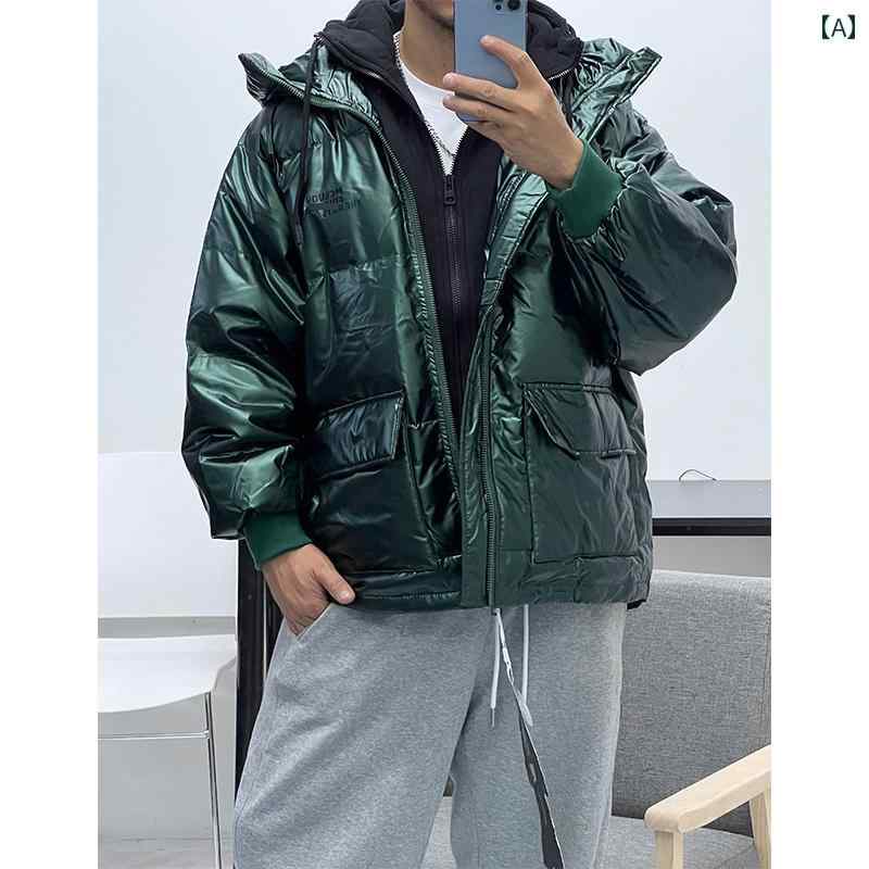 メンズ 極 厚 ダウン フーデッド コート フェイク セットアップ 暖かい レーザー 軽量 涼しい 秋冬 ブレッド コート 丈 ダウン