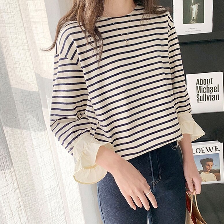 2color ボーダーカットソー フリル袖ボーダーシャツ トップス Tシャツ プルオーバー 長袖 フ