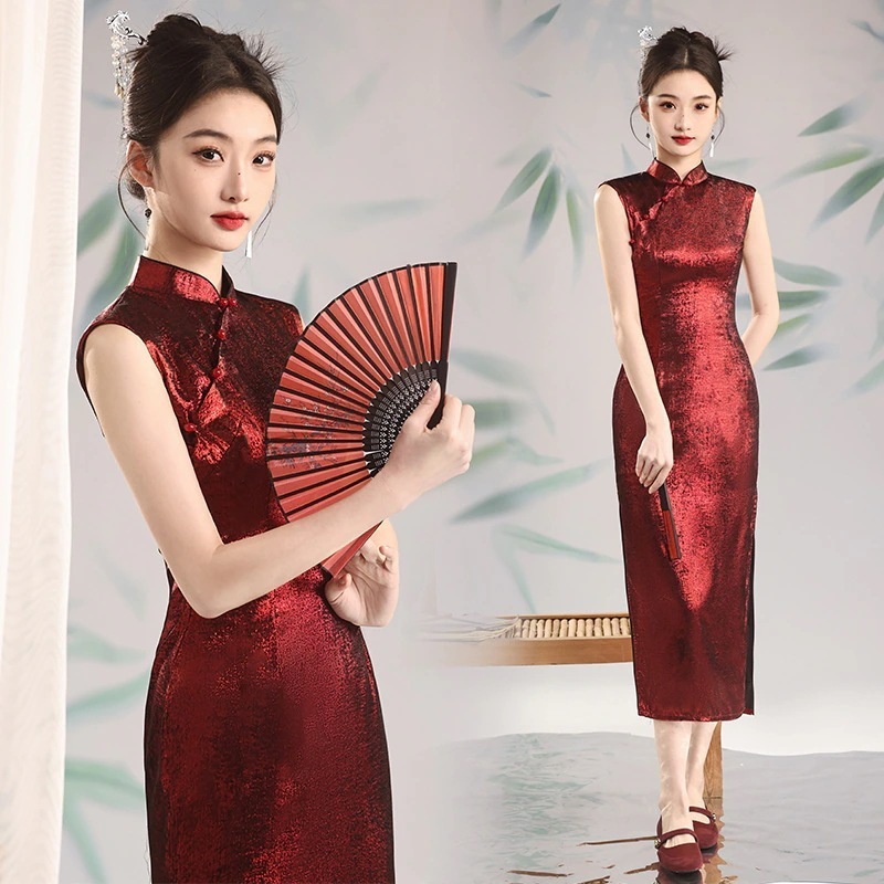 2024 春夏改良チャイナドレスノースリーブヤングスタイルエンゲージメントデイリーパフォーマンスウェアチャイナドレス女性