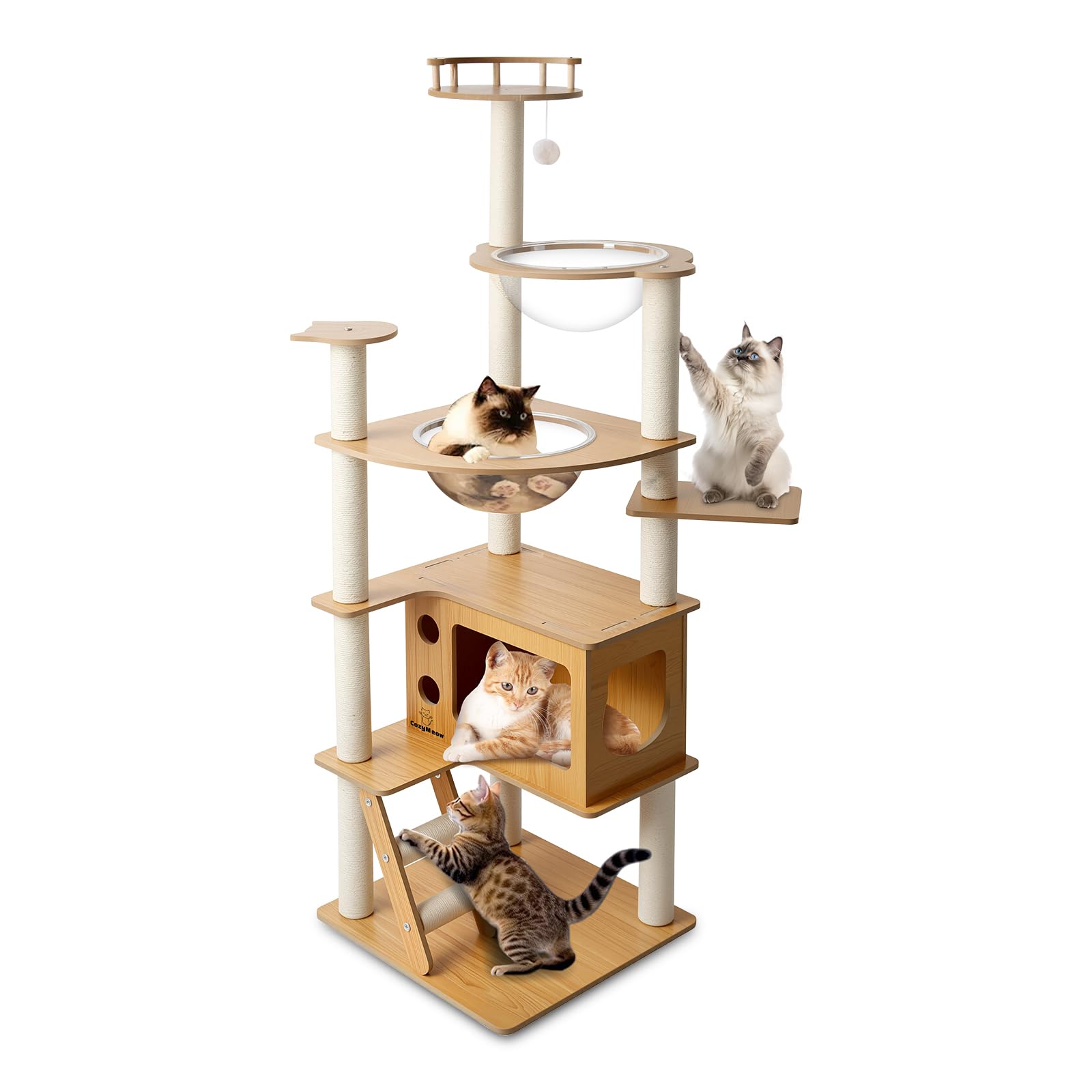 CozyMeow キャットタワー 木製 スリム 宇宙船 据え置き 厚さを増した板材 キャットハウス つめとぎ 猫 大型猫用 爪とぎ キャットウォーク 多頭飼い 人気 猫タワー おしゃれ かわいい ねこ