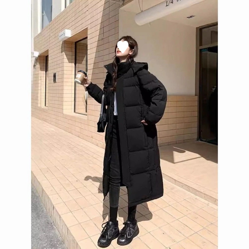 冬物の新しいスタイルの黒のミドル丈の膝上丈の厚手のゆったりとしたフード付きダウンジャケット女性と男性用中央演劇学院のカップルコート