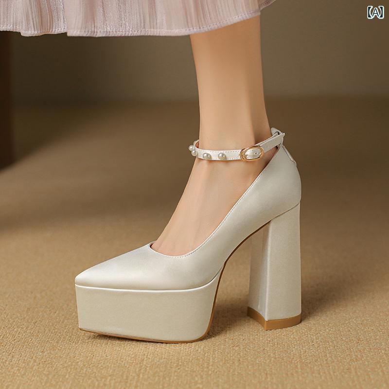 【期間限定】ハイヒール レディース パンプス 美脚 厚 フレンチ ウェディングドレス ウェディングシューズ サテン 太ヒール 歩きやい チャンキー 小柄 防水 靴 ホスト 足 疲れにくい