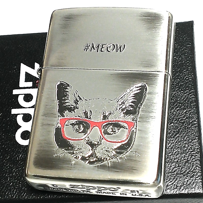 ZIPPO ライター ねこ ニャーキャット ジッポ 猫 メガネ かわいい ユニーク ネコ MEOW