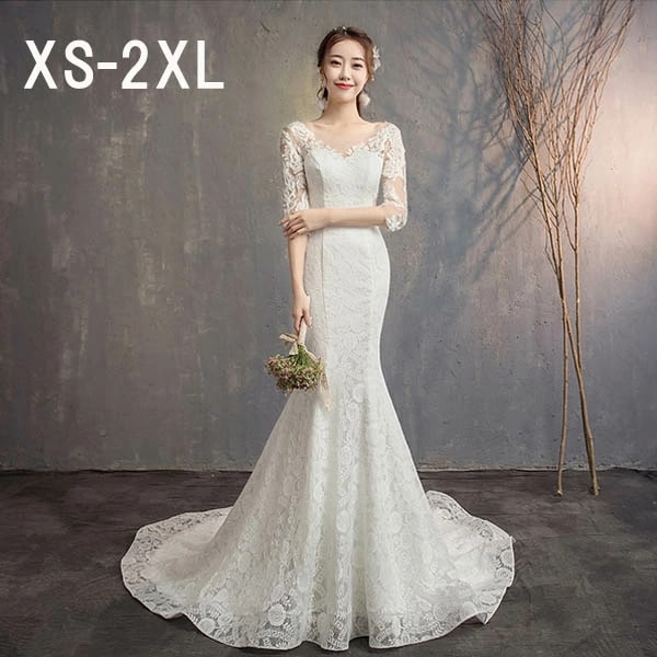 花嫁 ウェディングドレス フィッシュテール 小さいサイズ Vネック 着痩せ 結婚式 二次会 ドレス 編み上げ 締め上げ レース ロングドレス ウエディングドレス 撮影用 韓国風 エレガント XS/M/ 20,760円