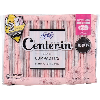 他サイト： ユニ・チャーム センターインコンパクト1/2 無香 特に多い昼用 羽つき 24.5cm 16枚入の商品画像