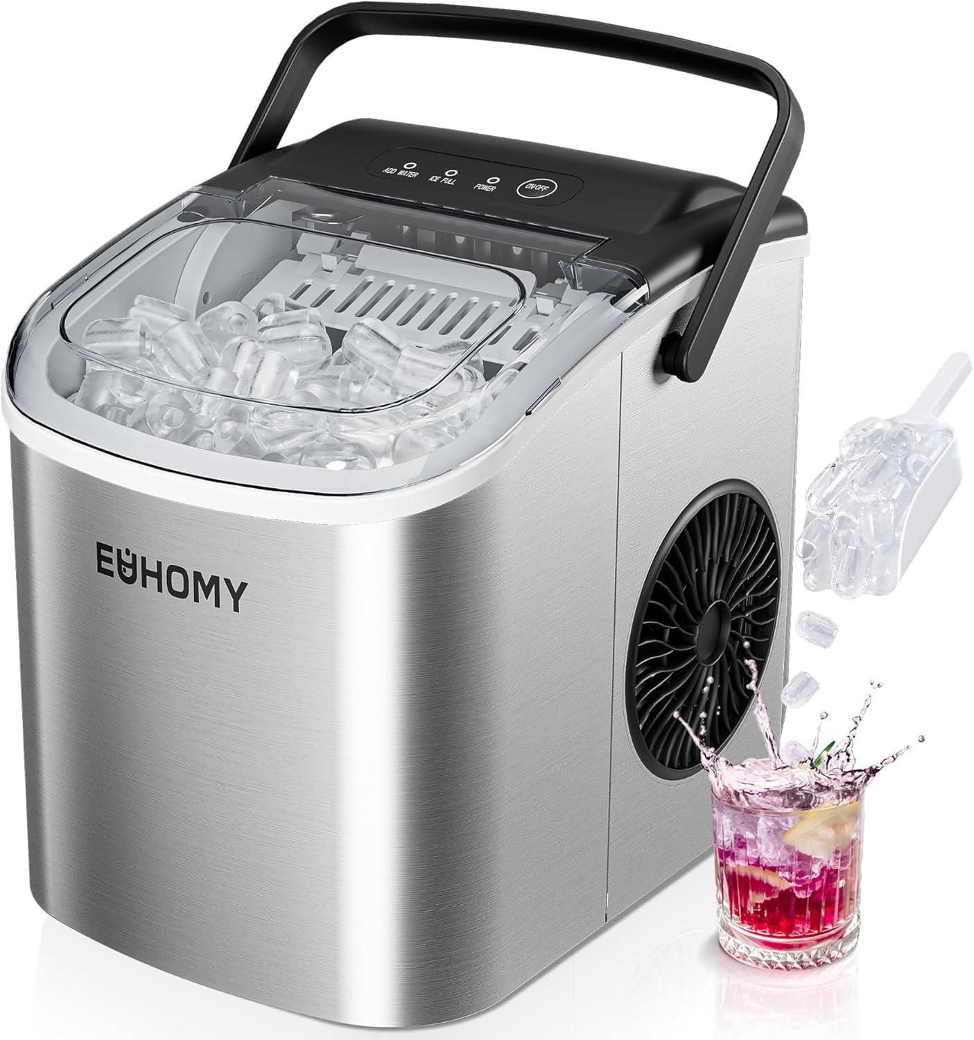 EUHOMY 製氷機 家庭用 【高速製氷 自動洗浄機能 】コンパクト ハンドル付き 日本語パネル 氷バスケット 小型 ミニ製氷機 大容量水タンク 透明窓 取り扱い簡単 軽量 6.2kg 静音 自動停止