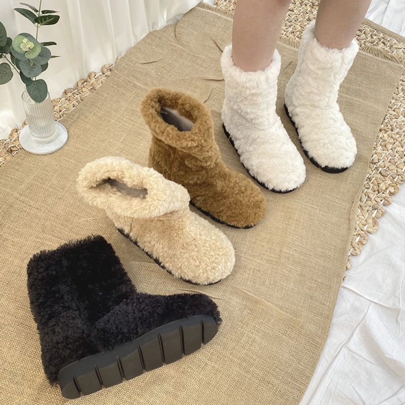 4color 可愛いボリューム．ボリューミーな あったか もこもこ フェイクファー ラウンドトゥ ローヒール デイリーミドルブーツ．ファーブーツ