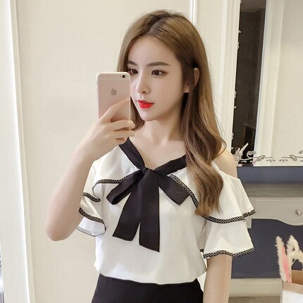 カットソー レディース 半袖 Vネック オフショルダー フリル リボン ガーリー フェミニン かわいい 大人可愛い きれいめ 無地 夏 学生 デート イベント オルチャン ホワイト ブルー トップス