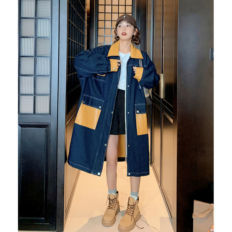 冬アウター 韓国ファッション パッチワーク ジェントルスタイル 美しい外観 デニム トレンチコート ジャケット ロング カジュアル コントラストカラー トップスムートンファッション 母の日