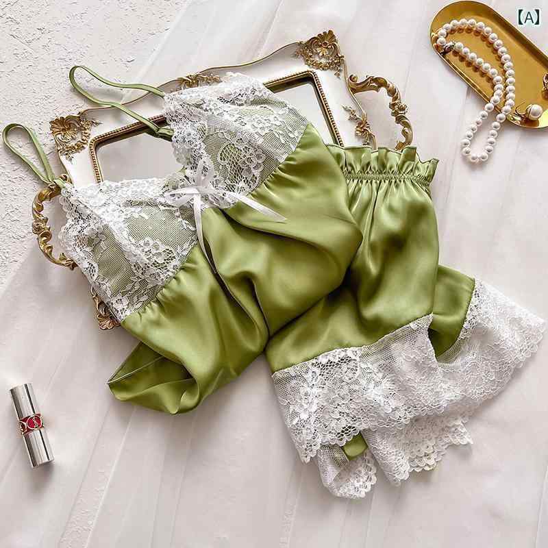 パジャマ　レディース　上下 シルクパジャマ レディース 夏 薄手 レース マルベリー シルク サスペンダー ショーツ ホームウェア 春秋 高級 セット 5,792円