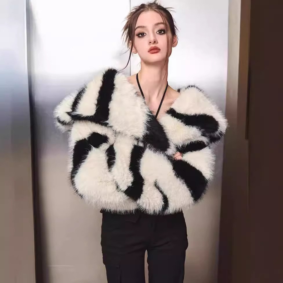 新しいゼブラプリント毛皮コートネイビーカラーショート毛皮コート女性若い気質秋と冬のキツネの毛皮のコート