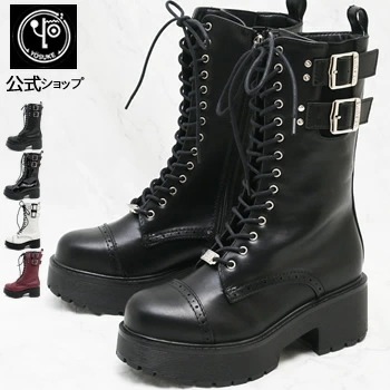 ヨースケ 厚底ブーツ 公式キズ補修液付 レースアップブーツ レディース コンバットブーツ ミドルブーツ　バックル付き 6.0cm厚底ヒール