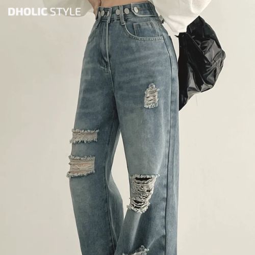 ウエストボタンダメージワイドデニムパンツ・p681239