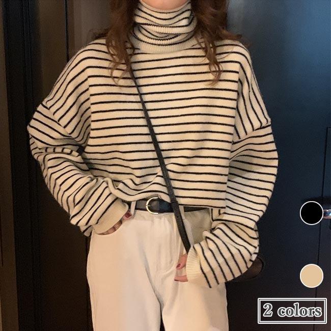 ニットセーター レディース セーター ボーダー柄 タートルネック ニットセーター 縞柄セーター オーバーサイズ ドロップショルダー レトロ プレゼント