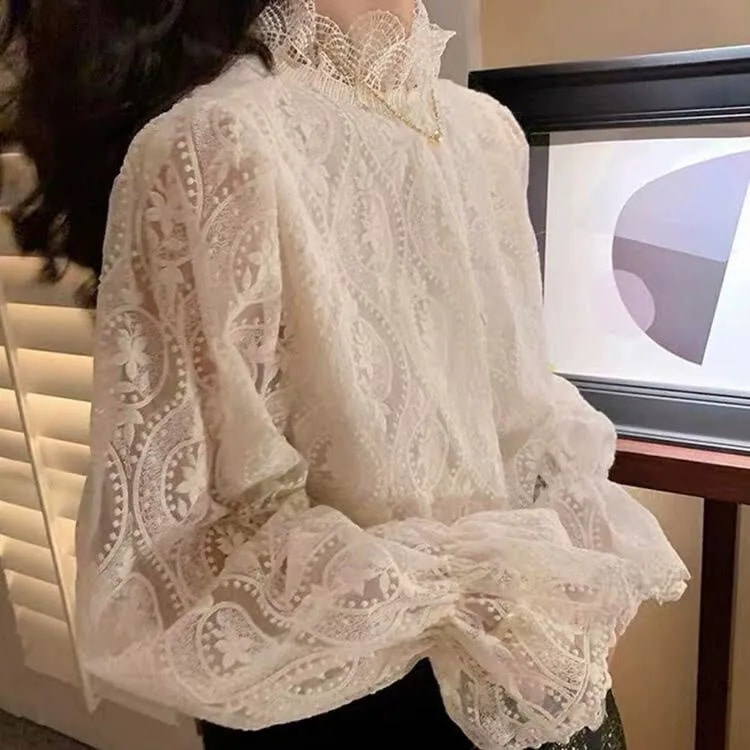 トップス シャツ ブラウス レースシャツ レディース 長袖 スタンドカラー レース 透け感 フリル ルーズ ゆったり かわいい 大人可愛い 大人かっこいい 大人女子 おしゃれ お洒落 きれいめ 上品