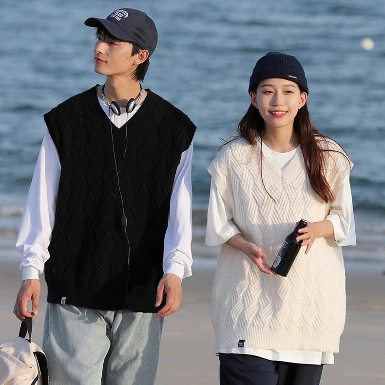 可愛い复古風Vネックニットベストレディース服韓国ファッションノースリーブ トップスアウターメンズセーター福袋