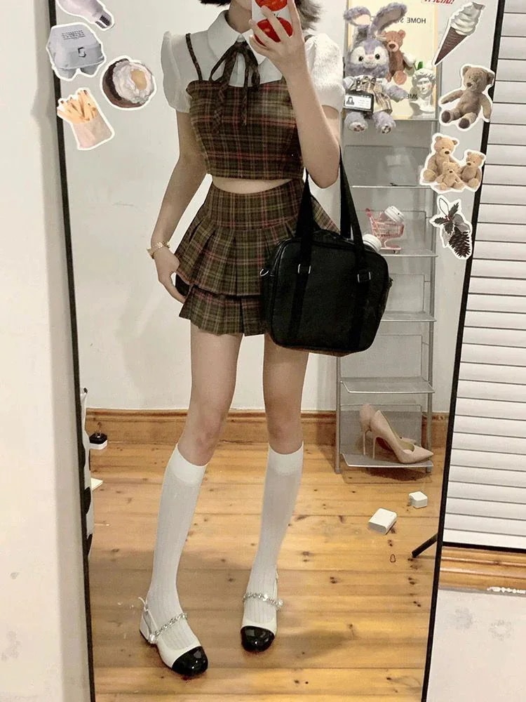 セットアップ 制服 jk制服スーツレディース夏休暇チェックシャツハイウエストプリーツスカート2枚セット 涼しく楽ちんセットアップ
