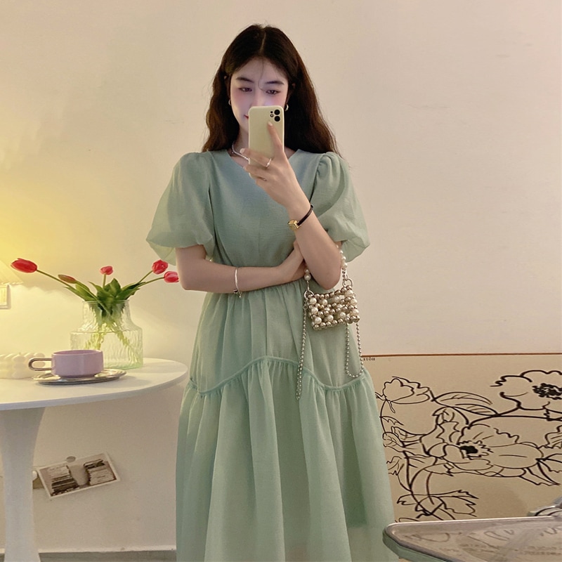 ティアードワンピース ショートパンツ フレアワンピース ワンピドレス ロング ロング丈 袖あり 半袖 パフスリーブ ラウンドネック フレア Aライン シフォン ハイウエスト 透け感 シースルー