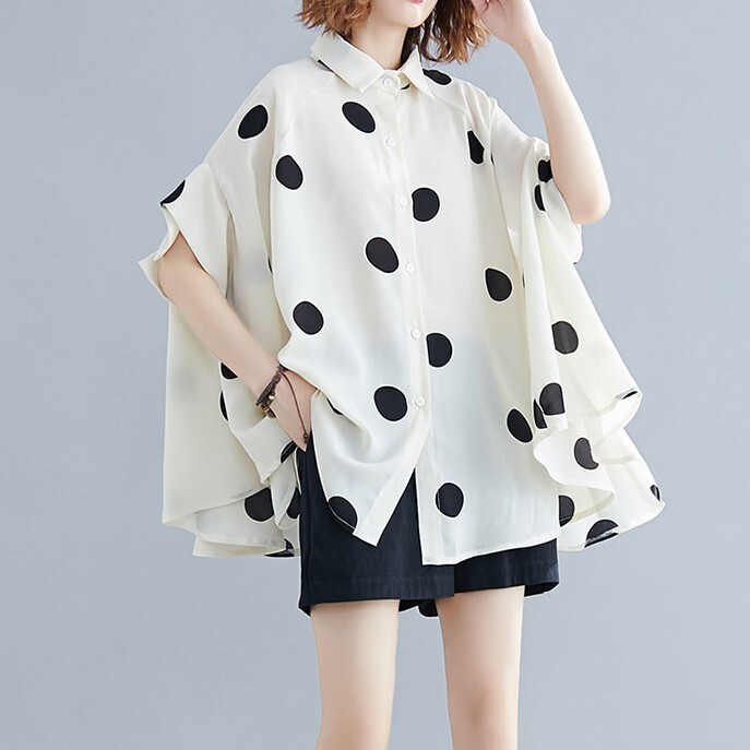 トップス ブラウス ミディアム丈 袖あり 半袖 フレアスリーブ 襟付き POLO襟 フレア Aライン シフォン かわいい 大人可愛い シンプル カジュアル おしゃれ かっこいい 大人女子 こなれ感