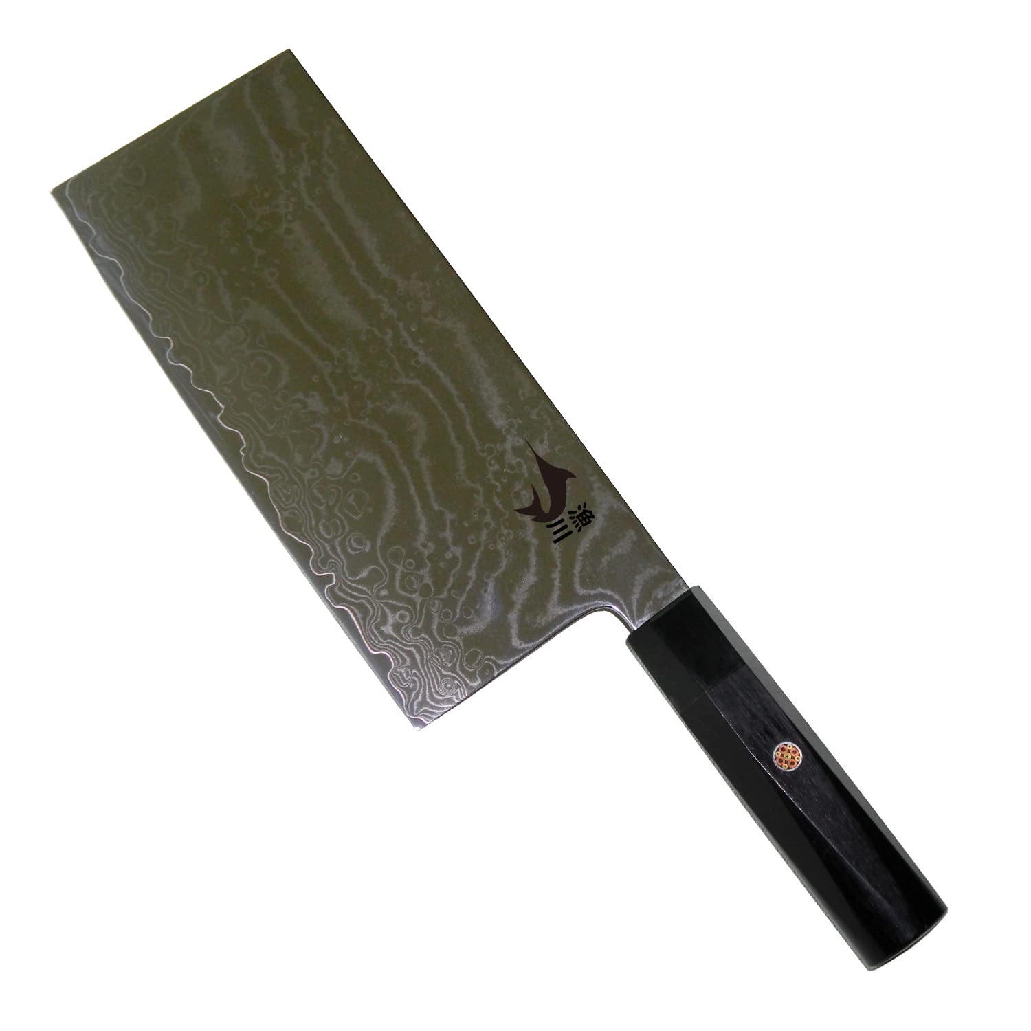 漁川 中華包丁 【AUS-10鋼芯】 【ダマスカス包丁】 刃渡り180 67層ダマスカス中華包丁 ダマスカス 六角黒檀柄 鏡面仕上げ
