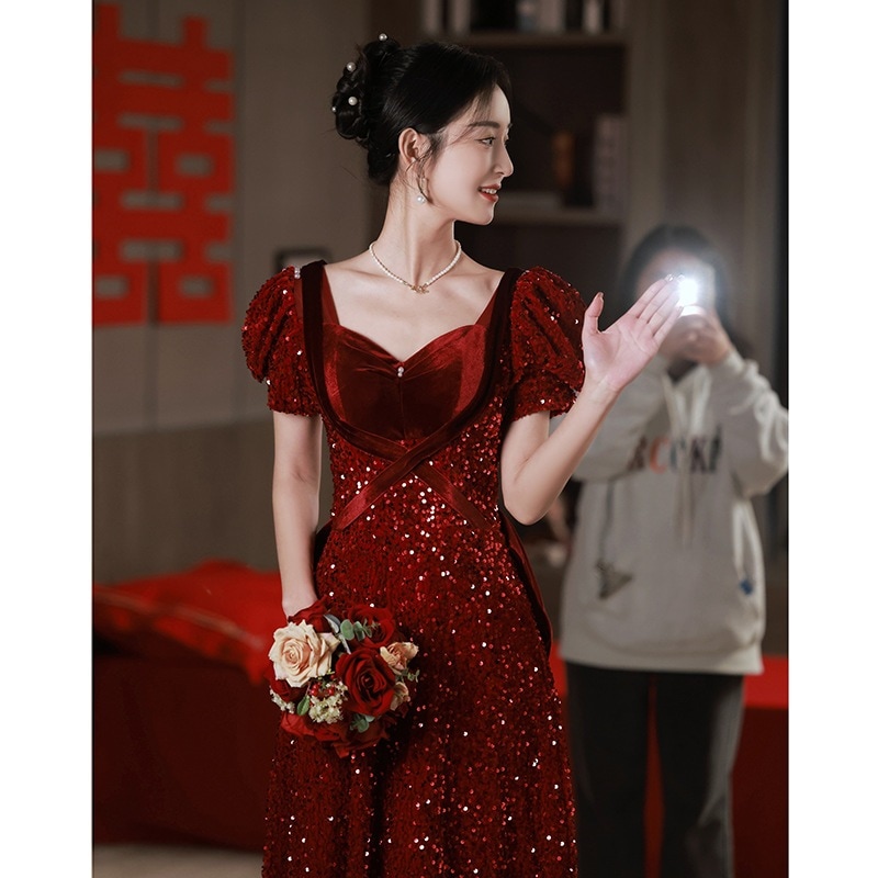 気質乾杯ドレス花嫁2024ワインレッドスパンコール結婚式婚約イブニングドレスレディース春