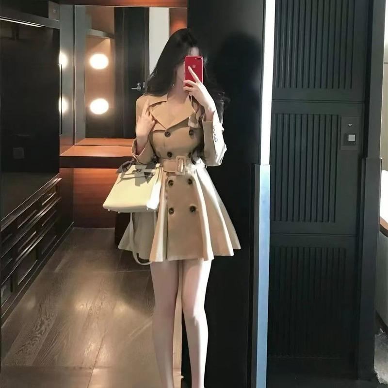 女性のためのカーキウエストCinchingミッドレングスコートロールプレイング秋の新しい冬のドレススタイルスーパー美しいダブルブレストトレンチドレス