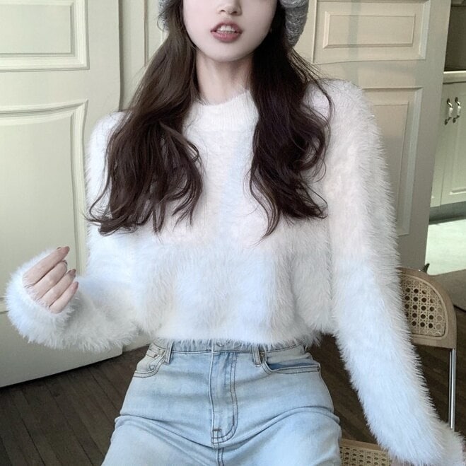 ３色 トップス ニット セーター レディース 秋冬 かわいい 長袖 ショート へそ出し 長袖 萌袖 ラウンドネック モコモコ ふわふわ プルオーバー 色展開 白 ホワイト 緑 グリーン ピンク ワンサ