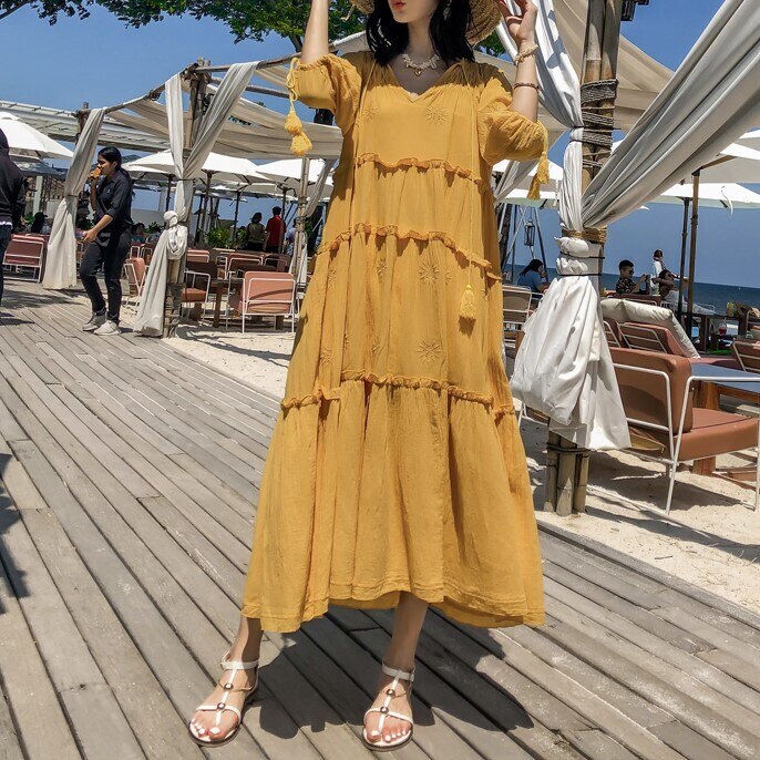 ワンピース 半袖 春 夏 カジュアル ロング aライン マキシ Aライン フレア ティアード フレアスカート ロング丈 マキシ丈 五分袖 ぽわん袖 Vネック Aライン フリル イエロー S M L ゆ 8,235円