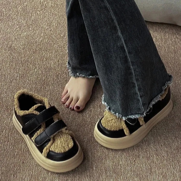 モカシン パンプス ムートンブーツ 秋冬バブーシュ暖かいレディースカジュアルローヒールファー付きパンプス