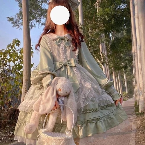 全4カラー　エプロン付きお人形さんワンピース 長袖 フロック レディース 夏 ドレス 秋 冬 ロリータ かわいい