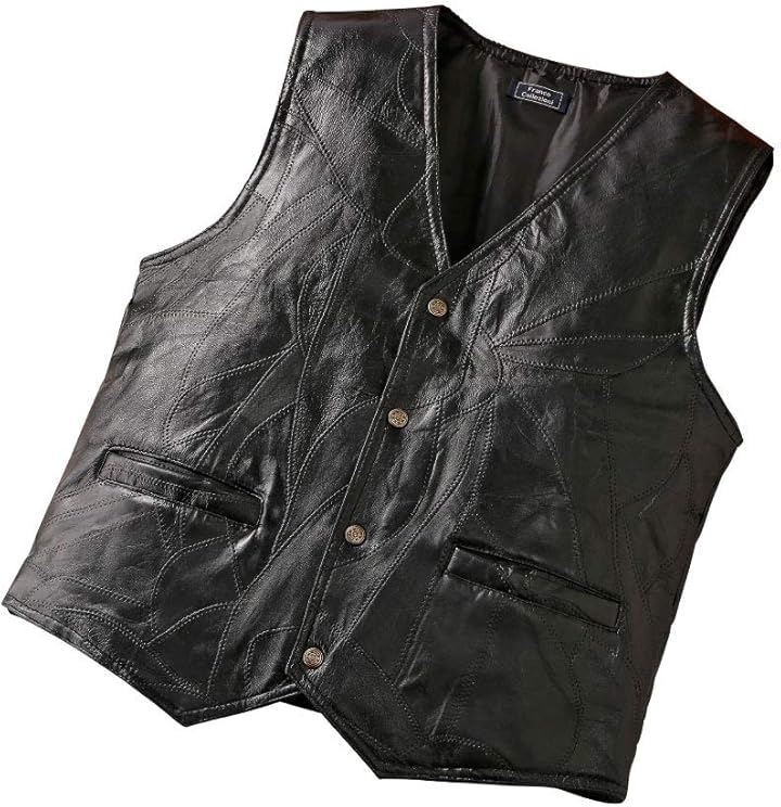 ラム革 パッチワーク ベスト レザー メンズ 羊革 カジュアル ライダー 温かい アウター ジャンパー 41132 (ブラック, L)