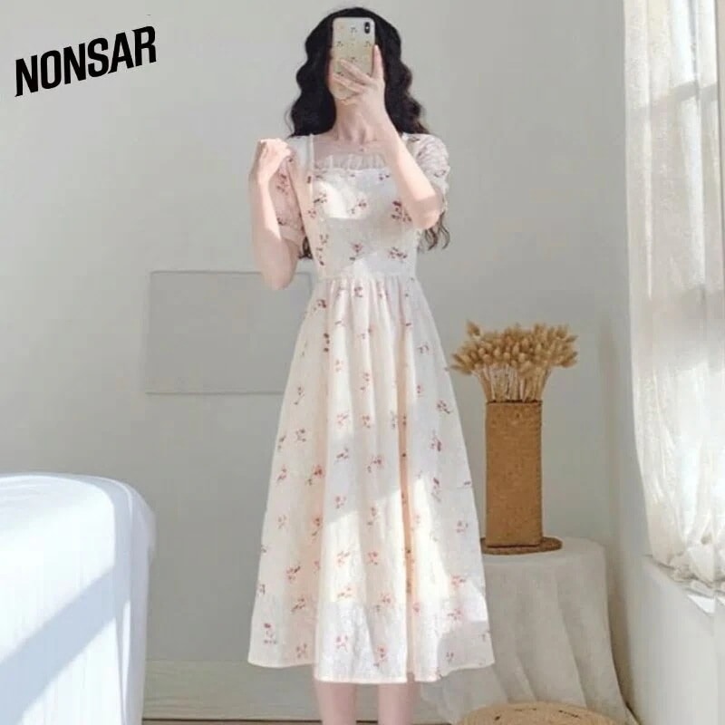 【3日で出荷】リトルレッドフラワー自由奔放に生きるドレススクエアネック半袖レディースプリントドレス 7,940円