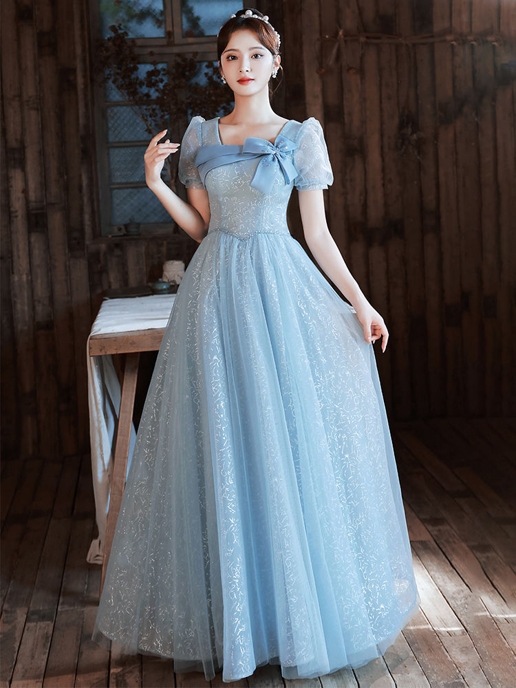 ブルー イブニングドレス 女性 2024 宴会 気質 成人式 声楽審査 スカート ロング丈