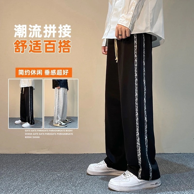 春秋冬秋物 メンズ ストライプ ストレート スウェットパンツ 百花繚乱lアメカジ ハイストリート 大きいサイズ ワイドパンツ カジュアルパンツ