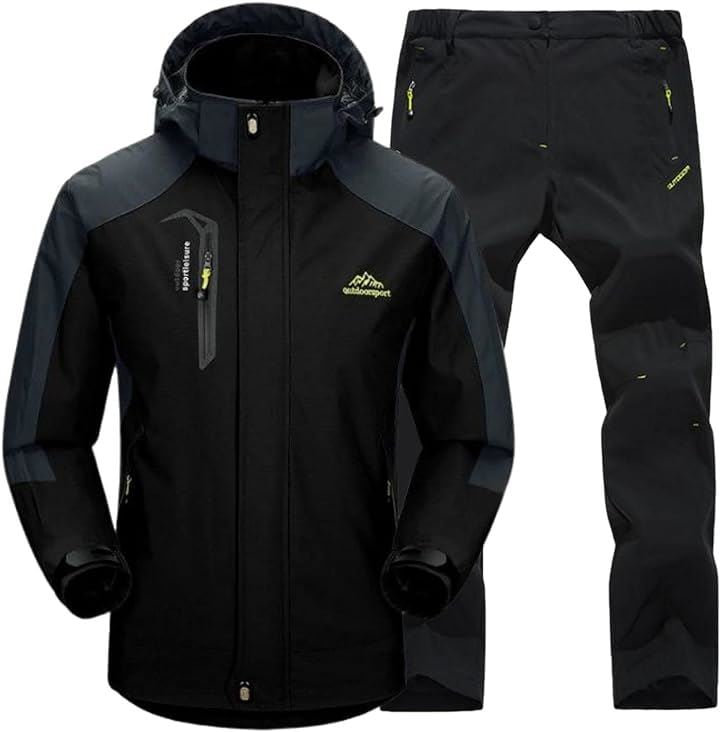 アウトドアジャケット 上下セット メンズ ウェア 登山服 マウンテンパーカー 多機能 防寒 防風 撥水(3.ブラック (速乾トレッキングパンツ), L)