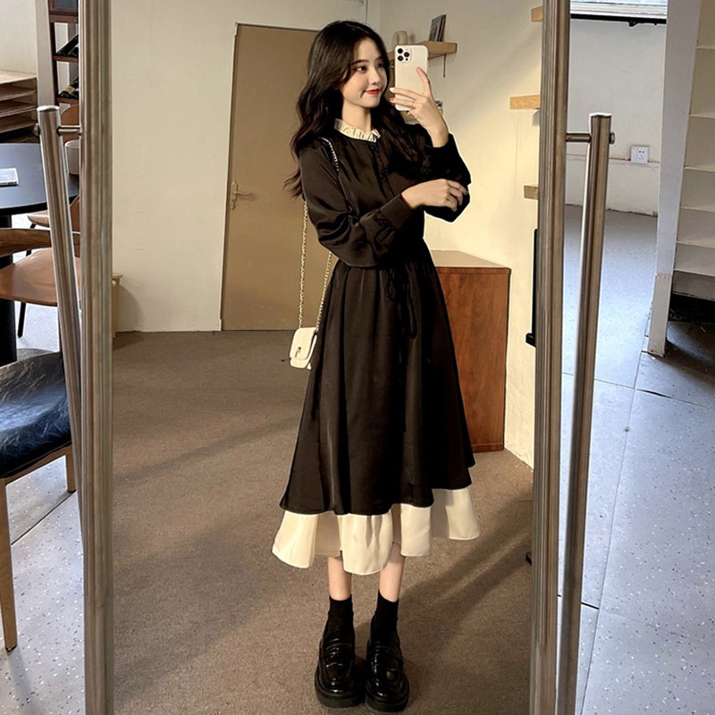 ワンピース フレアワンピース ロング ロング丈 袖あり 長袖 スタンドカラー 切り替えデザイン ドッキング フリル ウエストマーク ウエストリボン ハイウエスト かわいい 大人可愛い きれいめ 上品