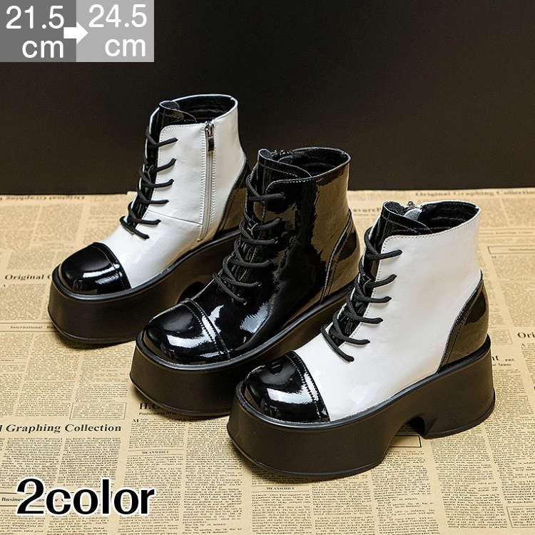 11cmUP ショートブーツ レディース 太ヒール 厚底ハイヒール 厚底 レースアップ 編み上げ 歩きやすい やわらかい ワーク 黒 ブラック 白 ホワイト 美脚 太めヒール ハイブーツ レディースシ
