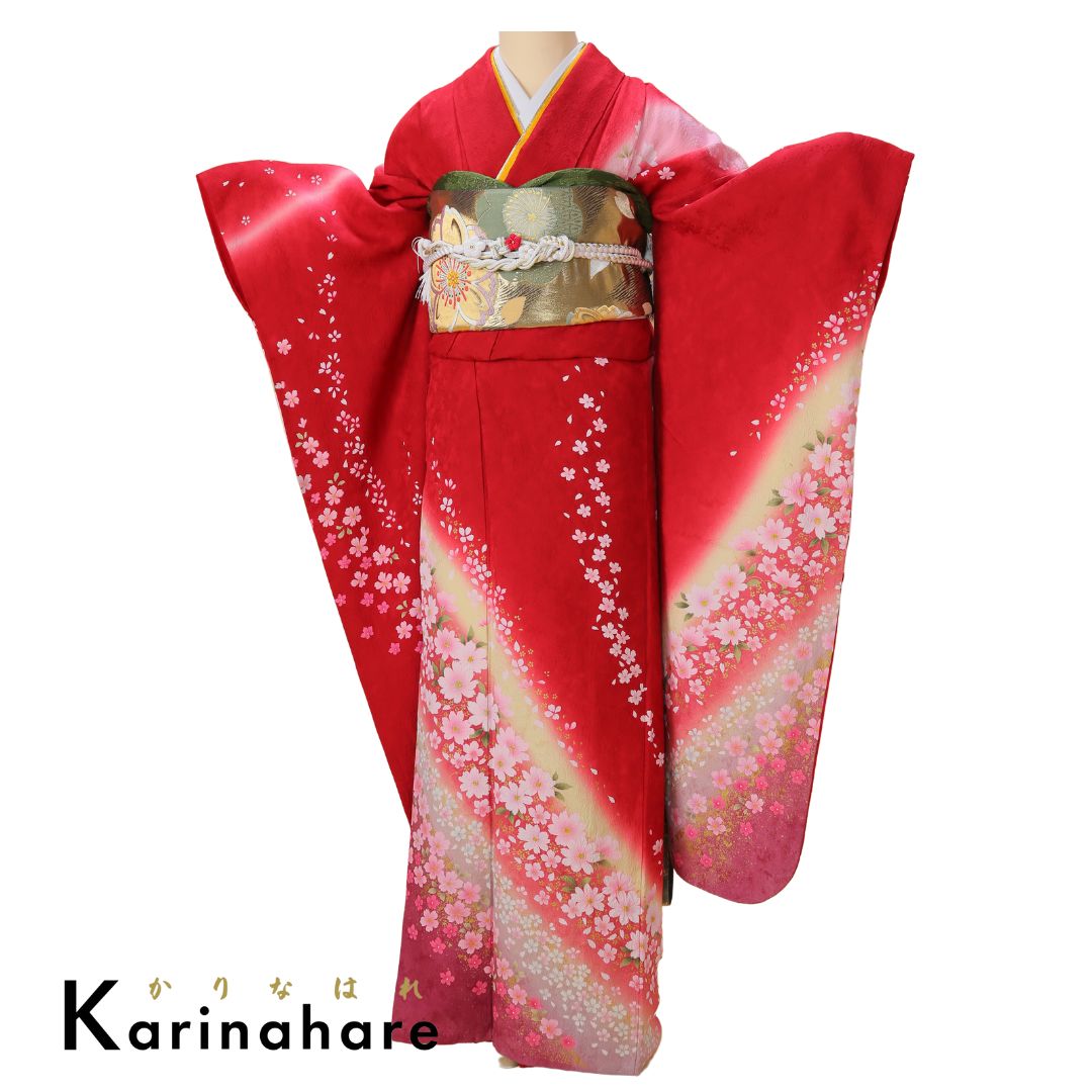 振袖セットF244-107 臙脂の地にクリーム色やピンクのボカシが入り桜文が描かれた振袖