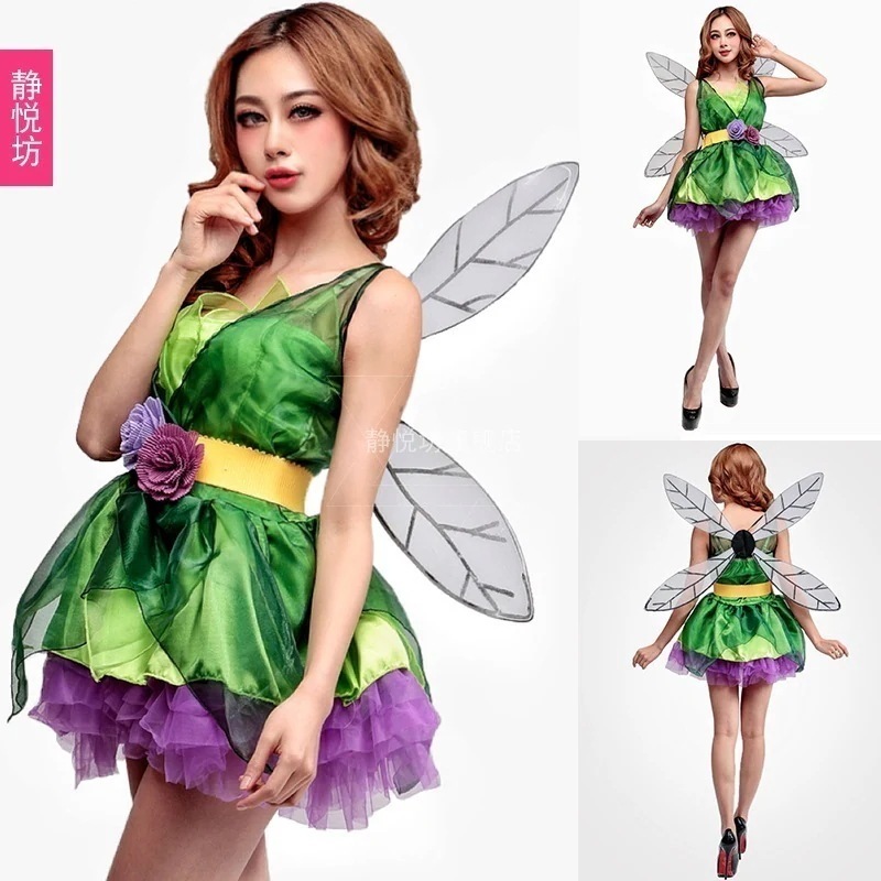 超目玉 ハロウィン 大人用 コスプレ グリーンエルフ ドレス 花の妖精 昆虫 コスチューム 舞台 パフォーマンス スカート